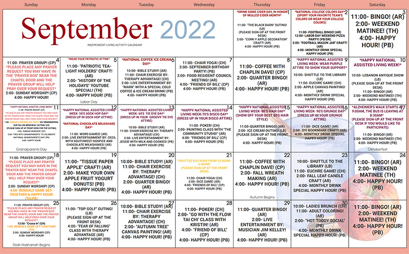 September Independent Living Calendar