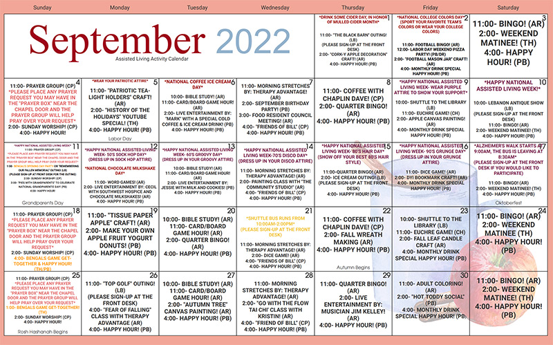 September Assisted Living Calendar
